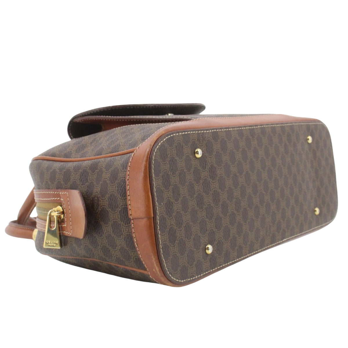 Céline Vintage Macadam – Bolso Bowling de Mano Marrón y Piel Camel