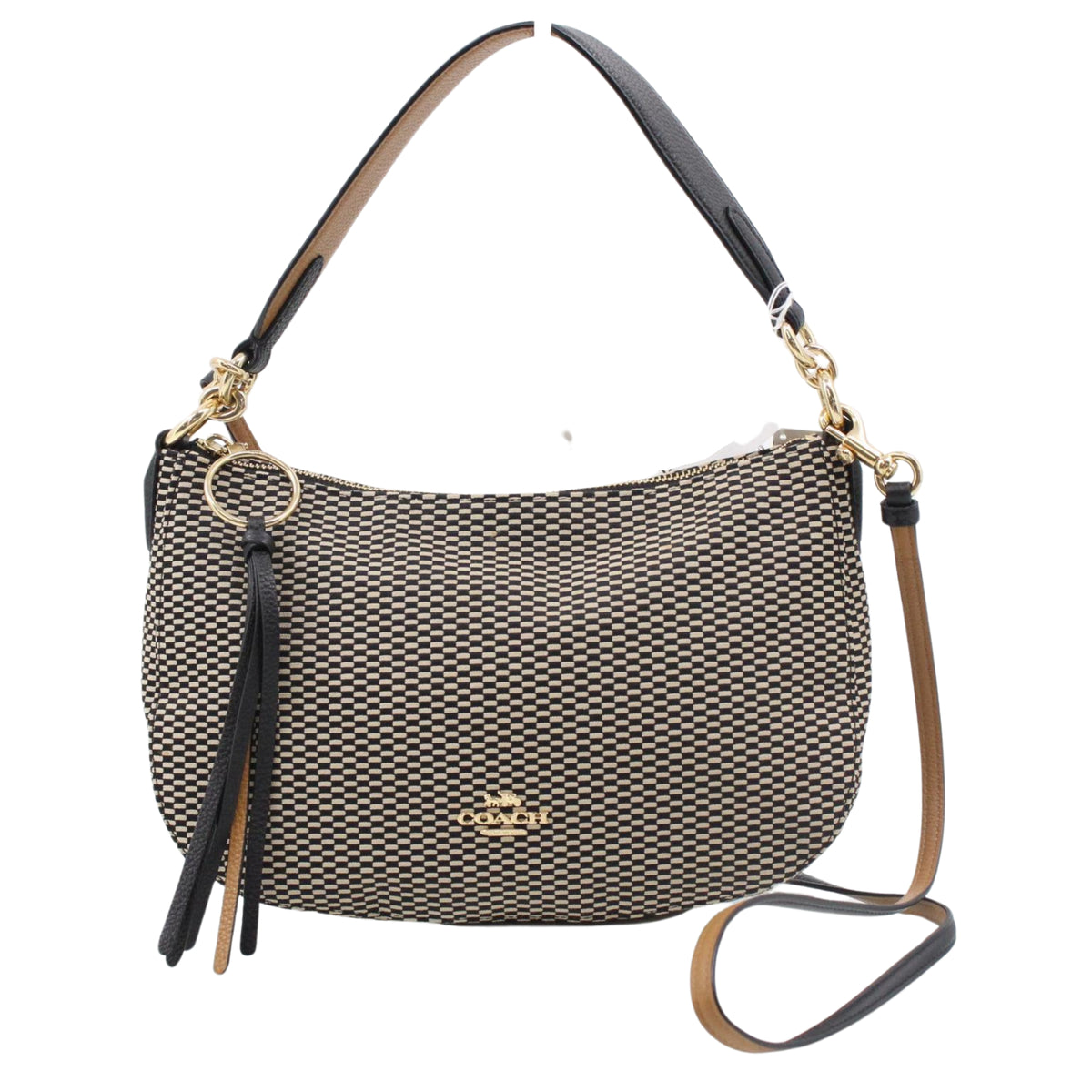 Coach Bolso de Hombro y Bandolera Negro y Beige con Estampado Geométrico y Detalles de Piel