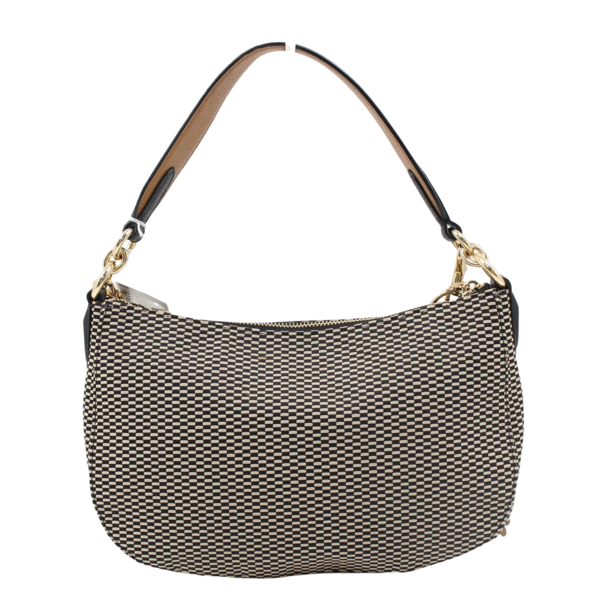 Coach Bolso de Hombro y Bandolera Negro y Beige con Estampado Geométrico y Detalles de Piel