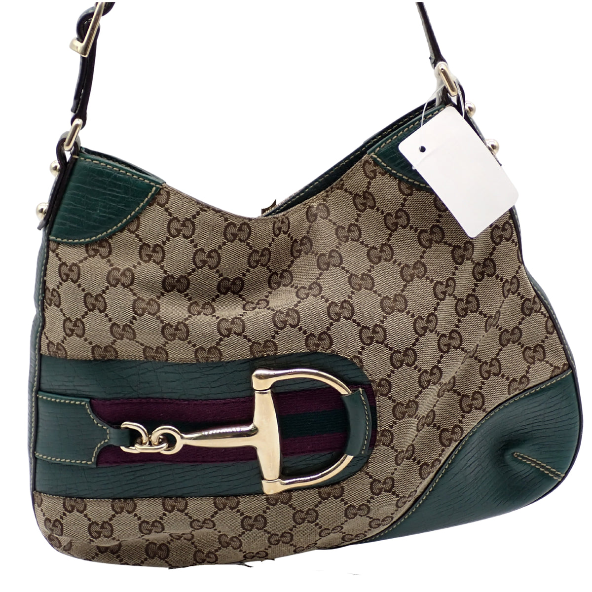 Gucci Horsebit Vintage GG Monogram – Bolso de Hombro Beige con Piel Verde