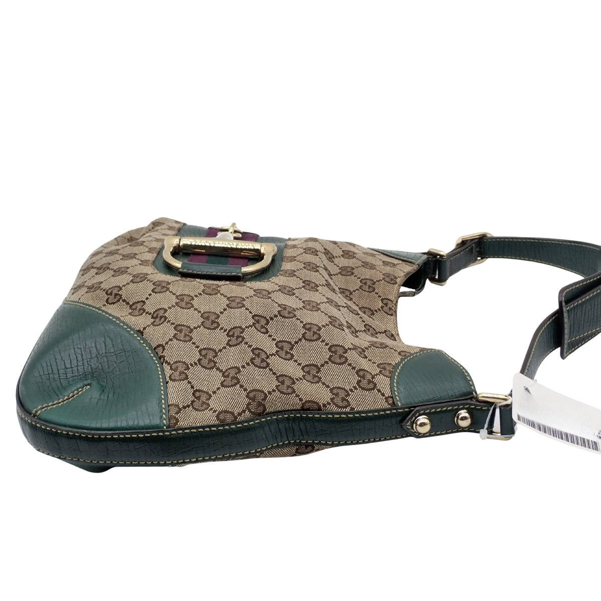 Gucci Horsebit Vintage GG Monogram – Bolso de Hombro Beige con Piel Verde