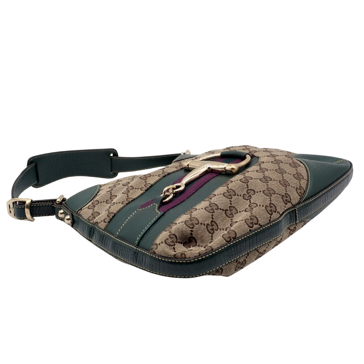 Gucci Horsebit Vintage GG Monogram – Bolso de Hombro Beige con Piel Verde