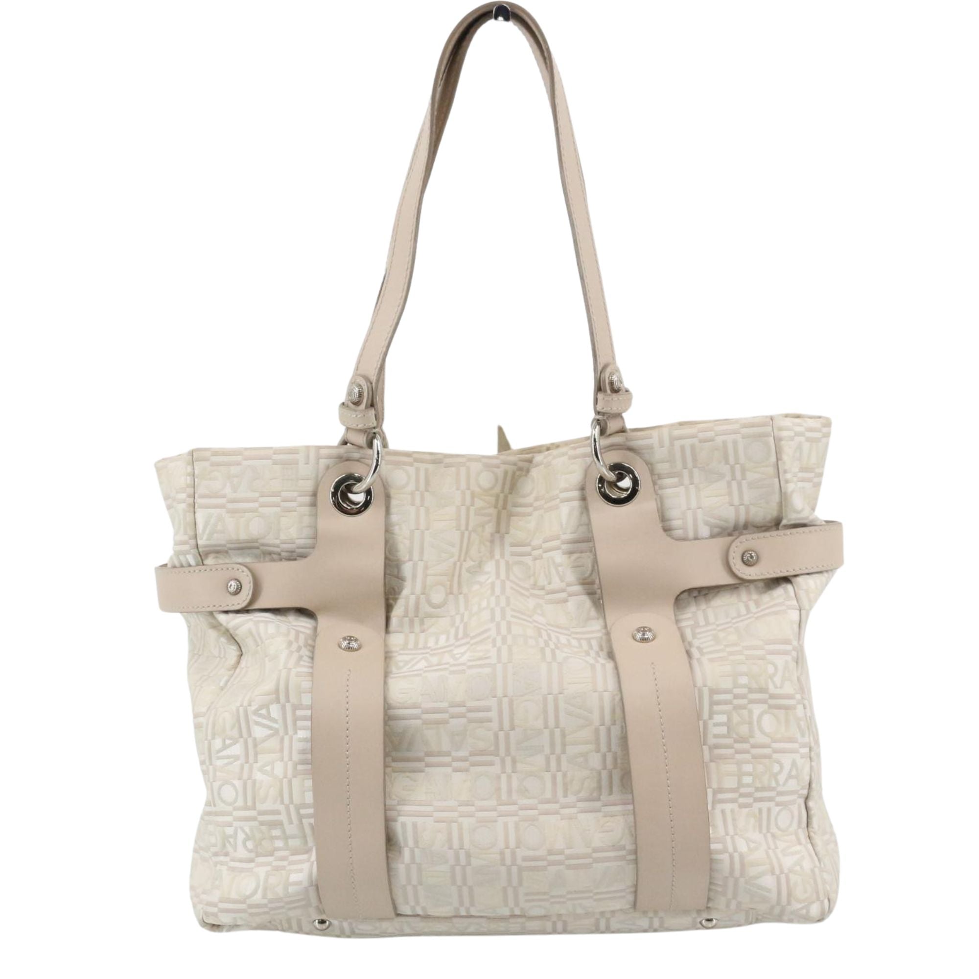 Bolso tote Salvatore Ferragamo beige jacquard monograma con detalles en piel