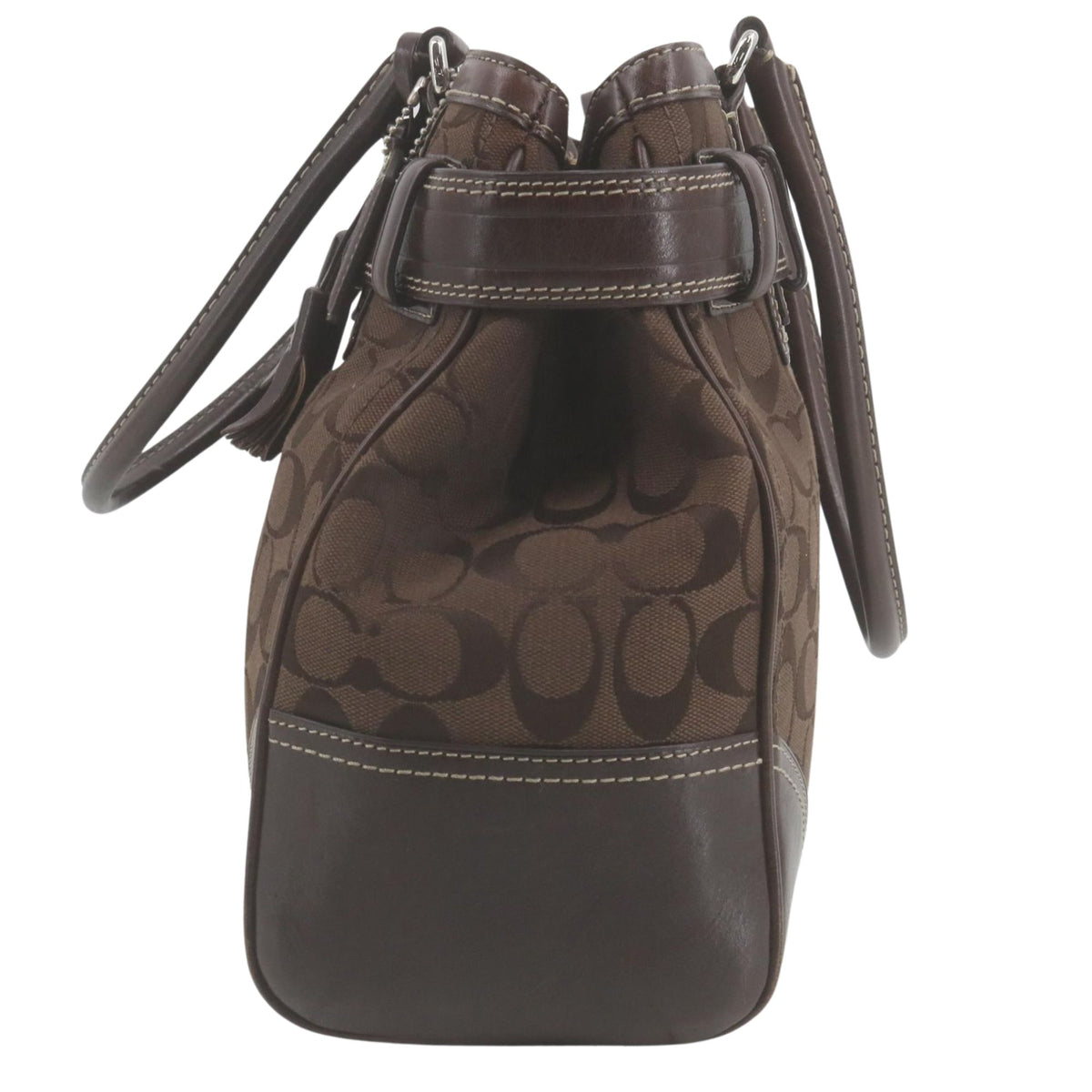 Coach Signature Horsebit – Bolso vintage de lona jacquard marrón y piel con herrajes plateados
