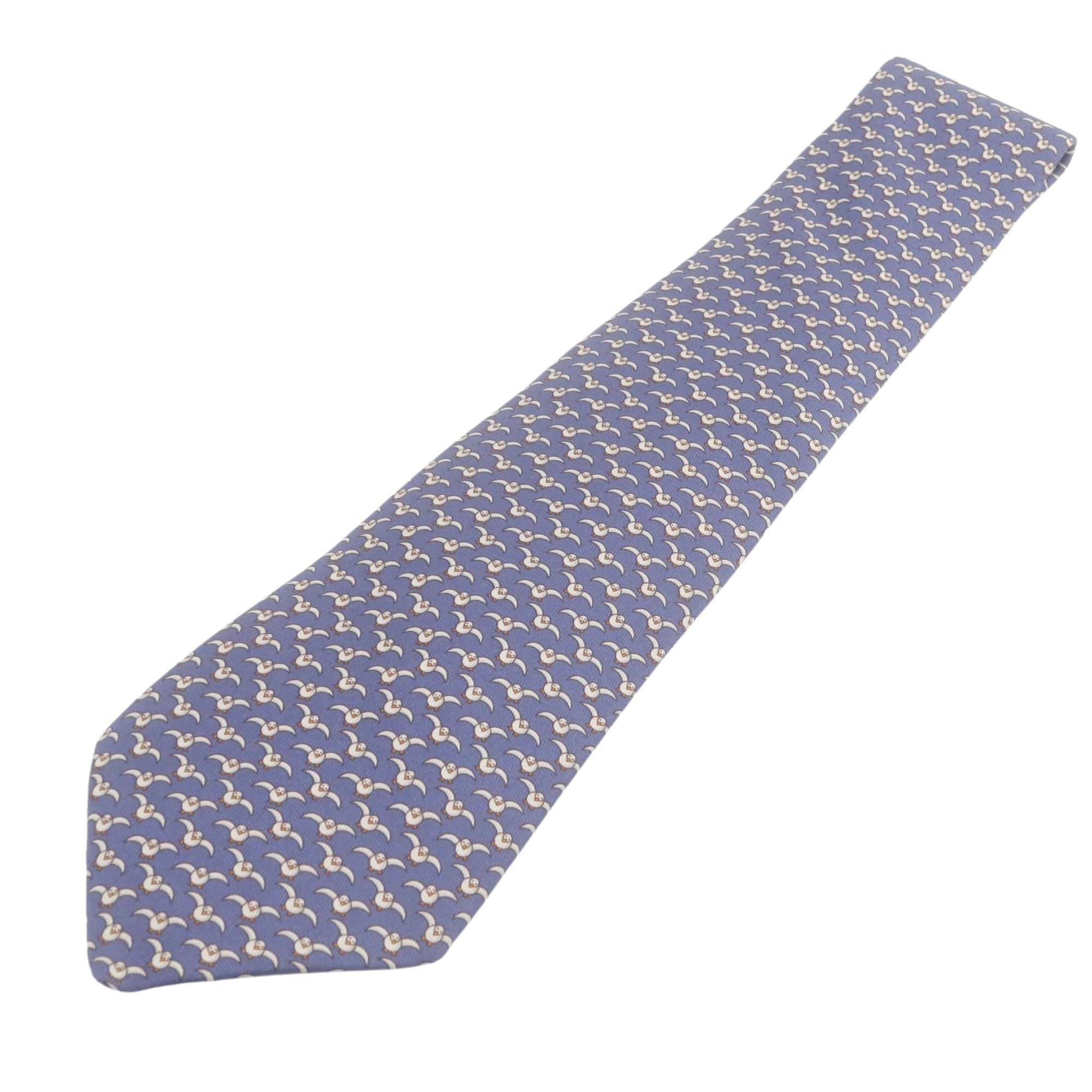 Corbata Hermès Seda Azul con Motivo de Aves