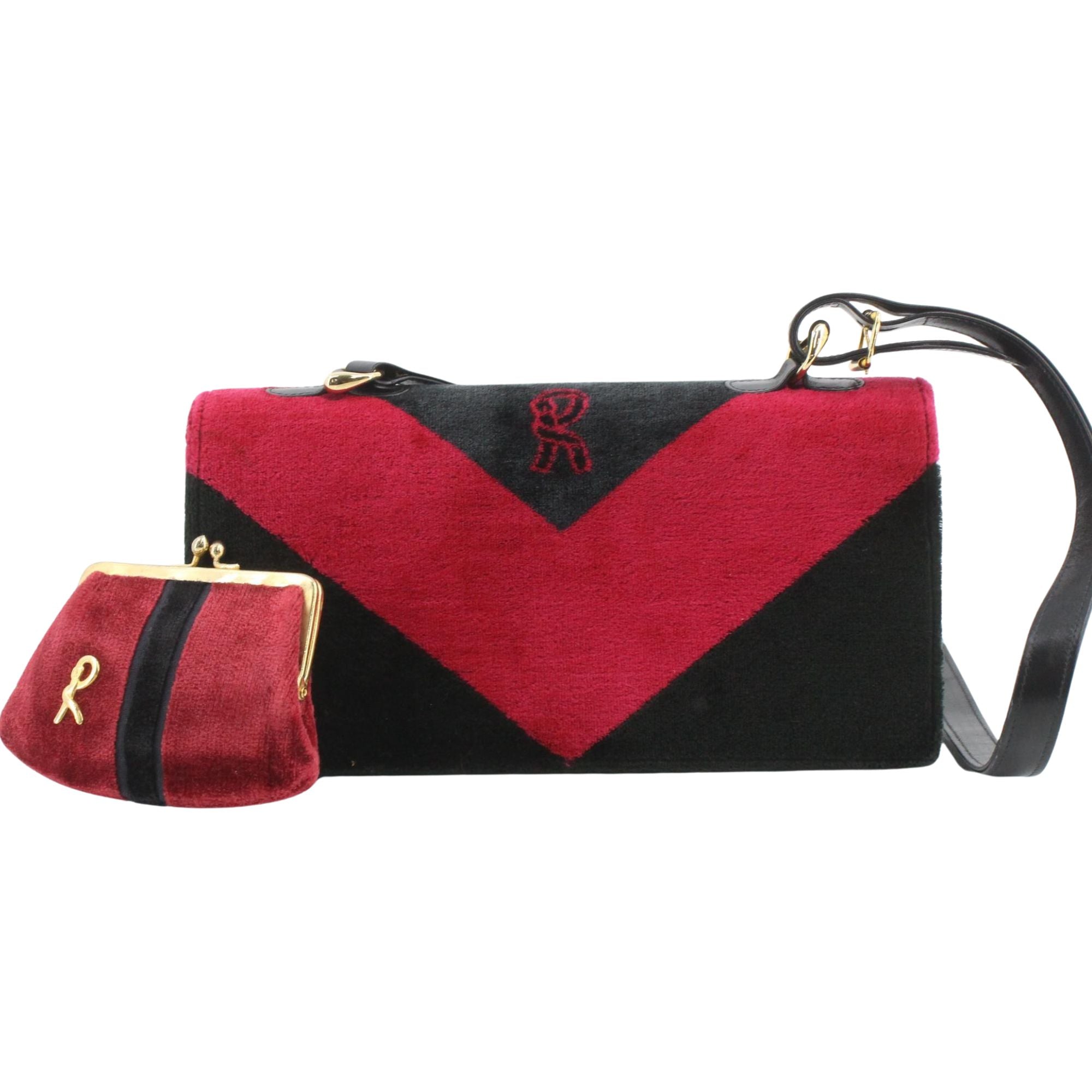 Roberta di Camerino Vintage Velvet Bag Negro y Burdeos con Monedero Original