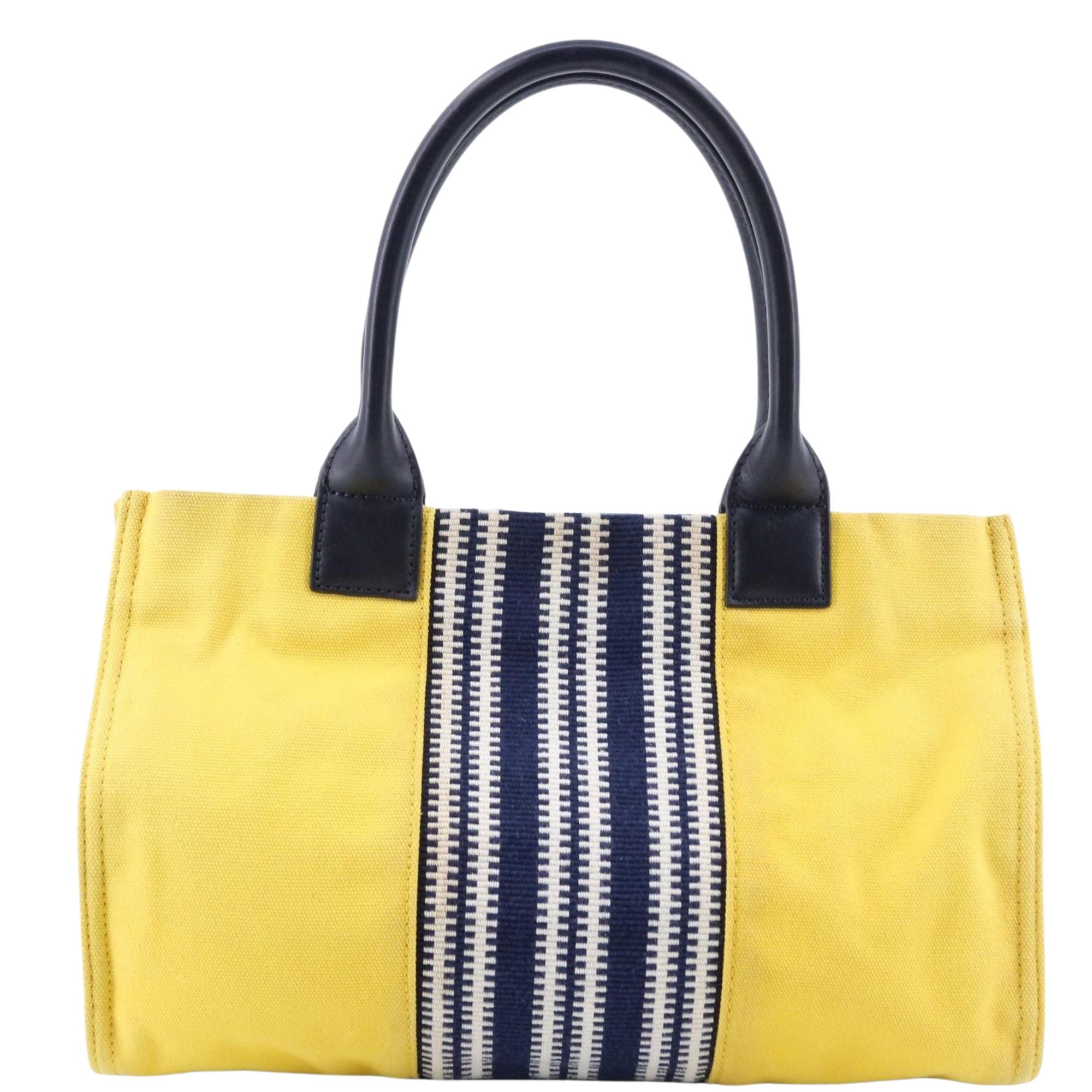 Bolso Tory Burch Ella Tote Amarillo y Azul Marino | Lona y Piel | 26 cm