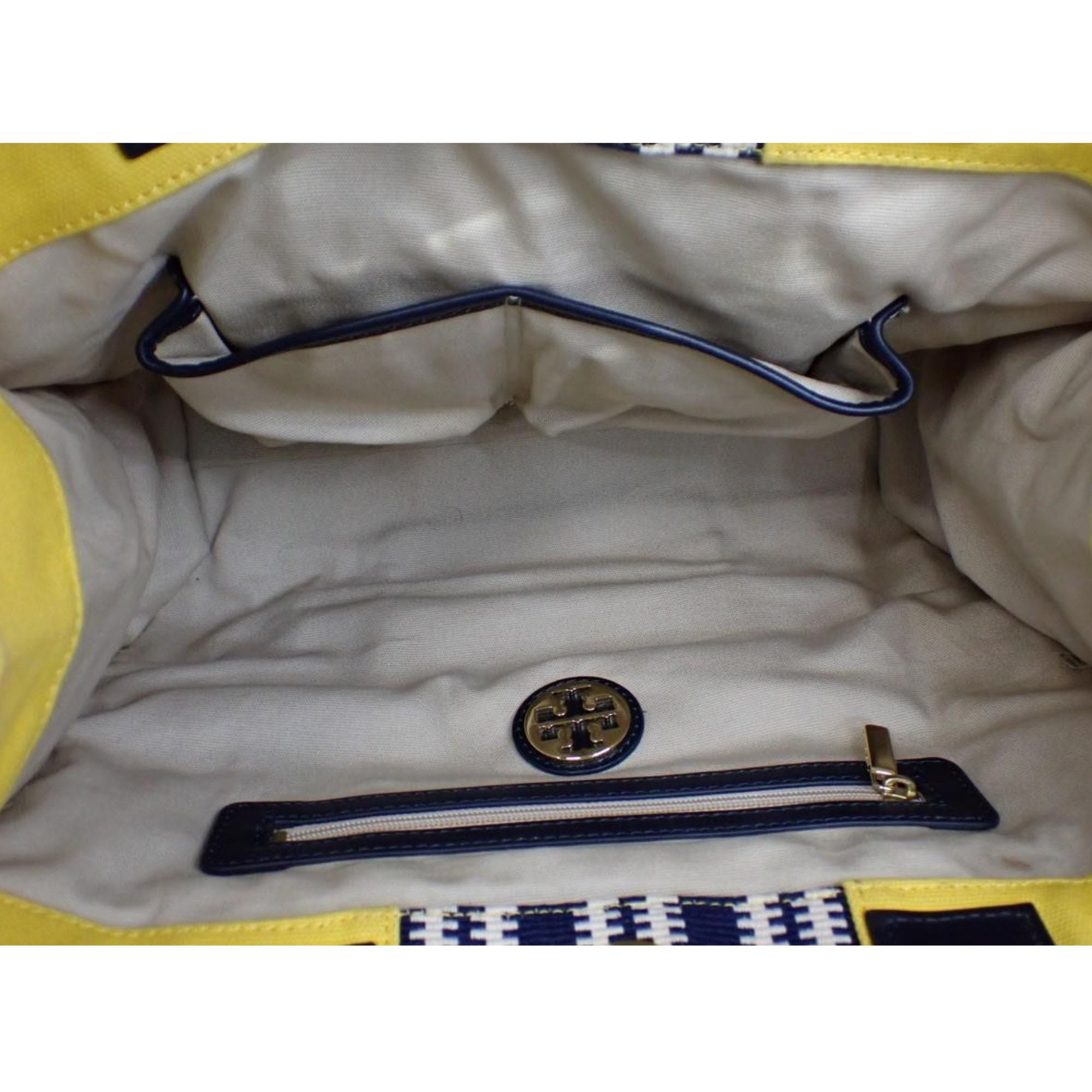 Bolso Tory Burch Ella Tote Amarillo y Azul Marino | Lona y Piel | 26 cm