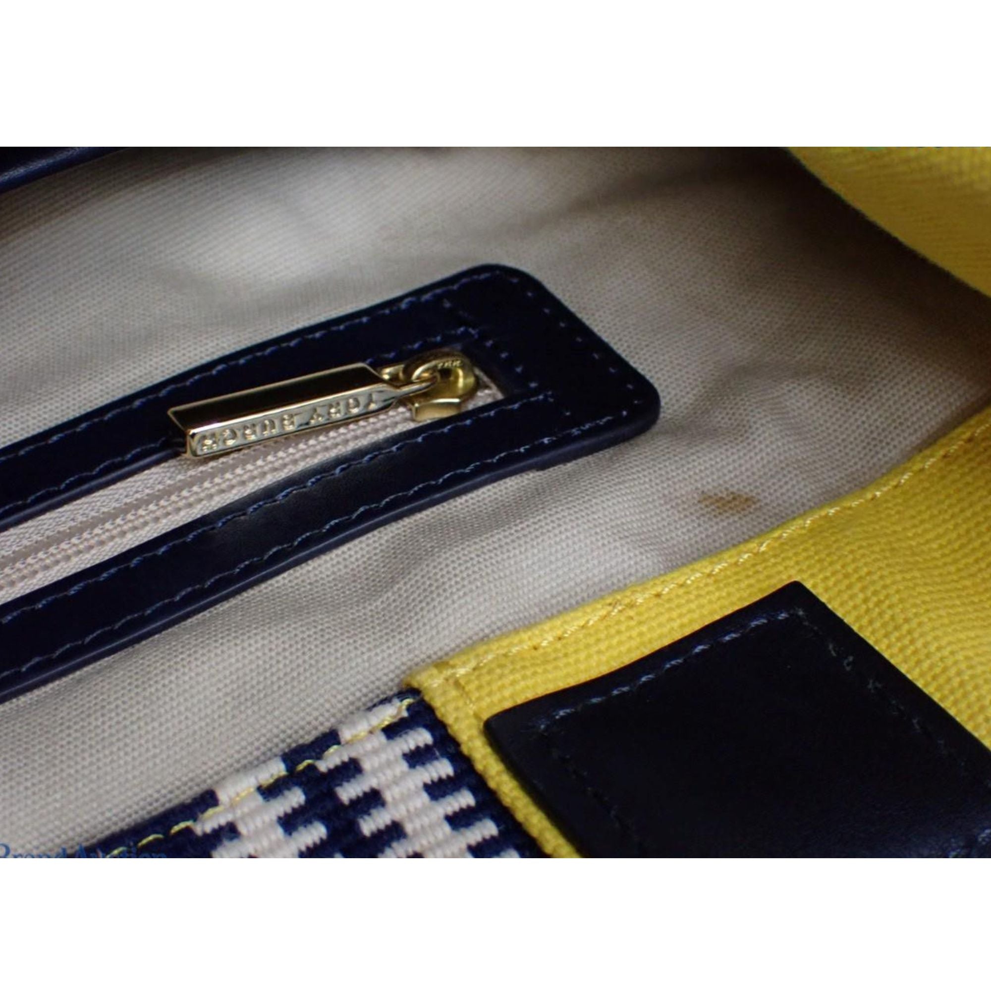 Bolso Tory Burch Ella Tote Amarillo y Azul Marino | Lona y Piel | 26 cm
