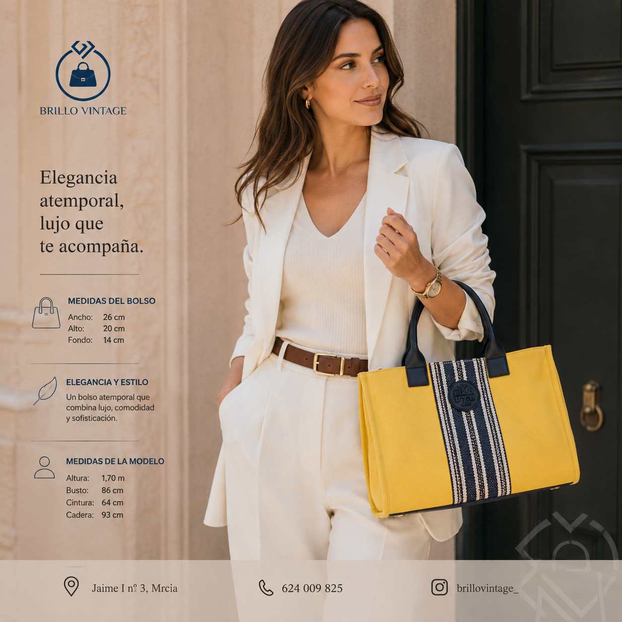 Bolso Tory Burch Ella Tote Amarillo y Azul Marino | Lona y Piel | 26 cm