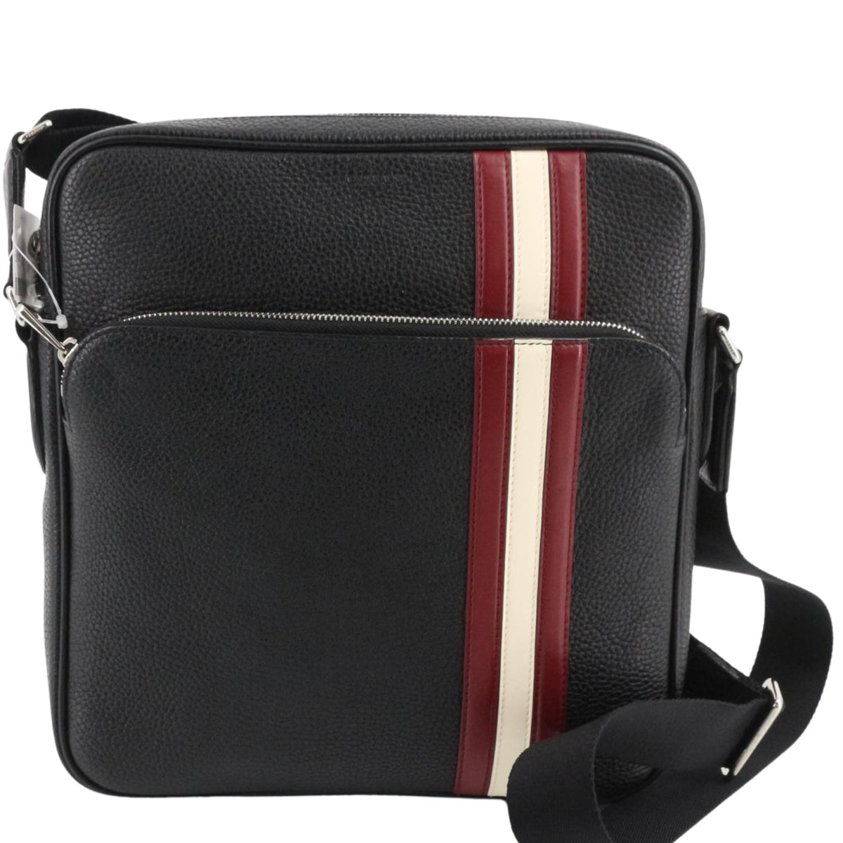 Bally – Bolso bandolera de piel negra con franjas rojas y blancas