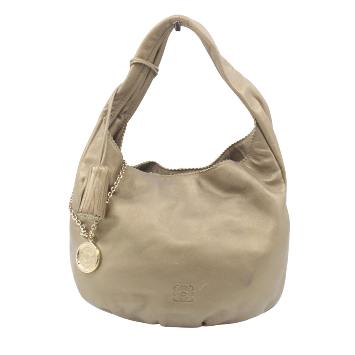 Loewe Anagram Hobo Vintage de Piel Beige con Borla y Medallón Dorado