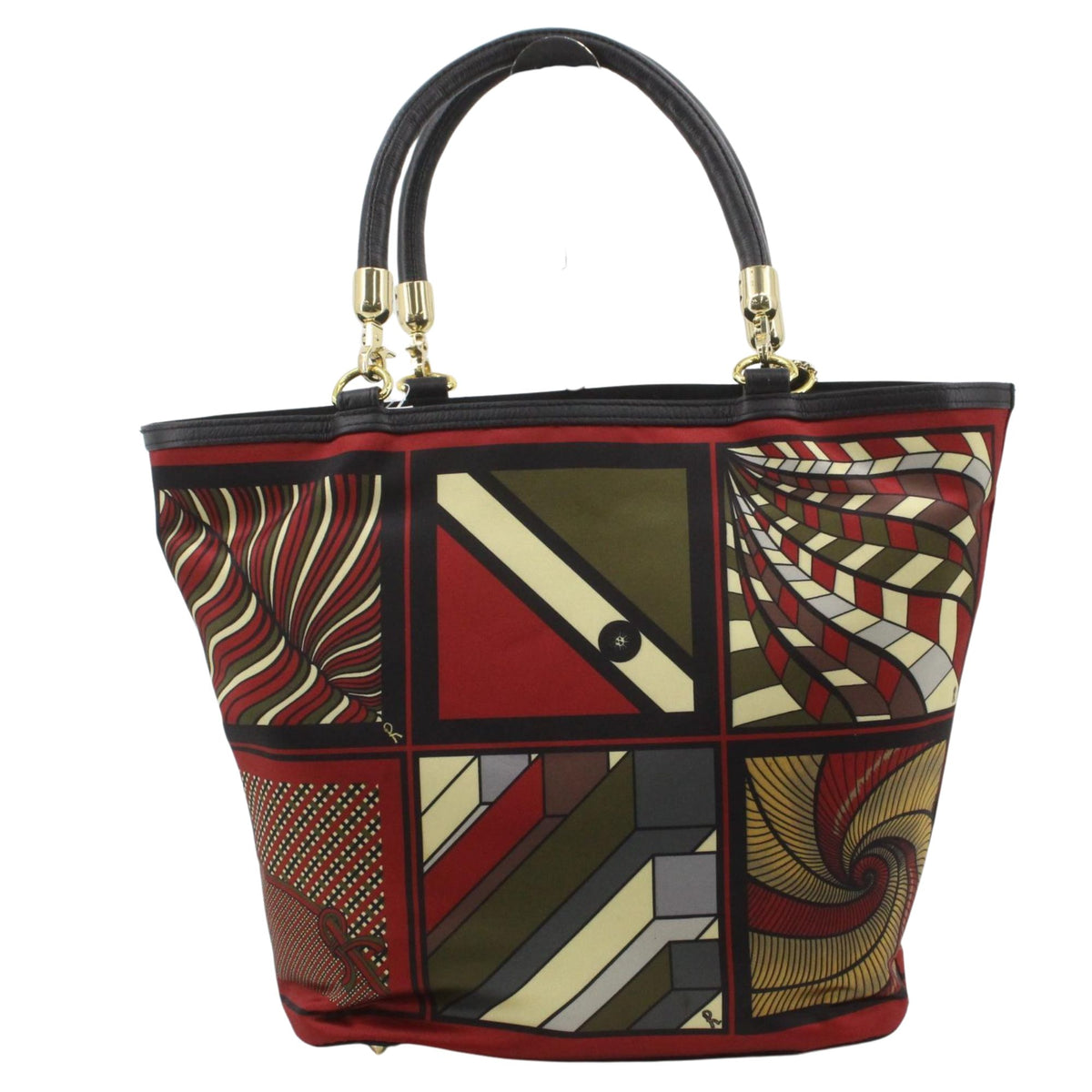 Roberta di Camerino – Bolso de mano estampado geométrico rojo con asas de piel negra