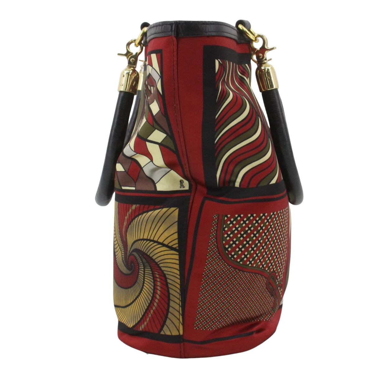 Roberta di Camerino – Bolso de mano estampado geométrico rojo con asas de piel negra
