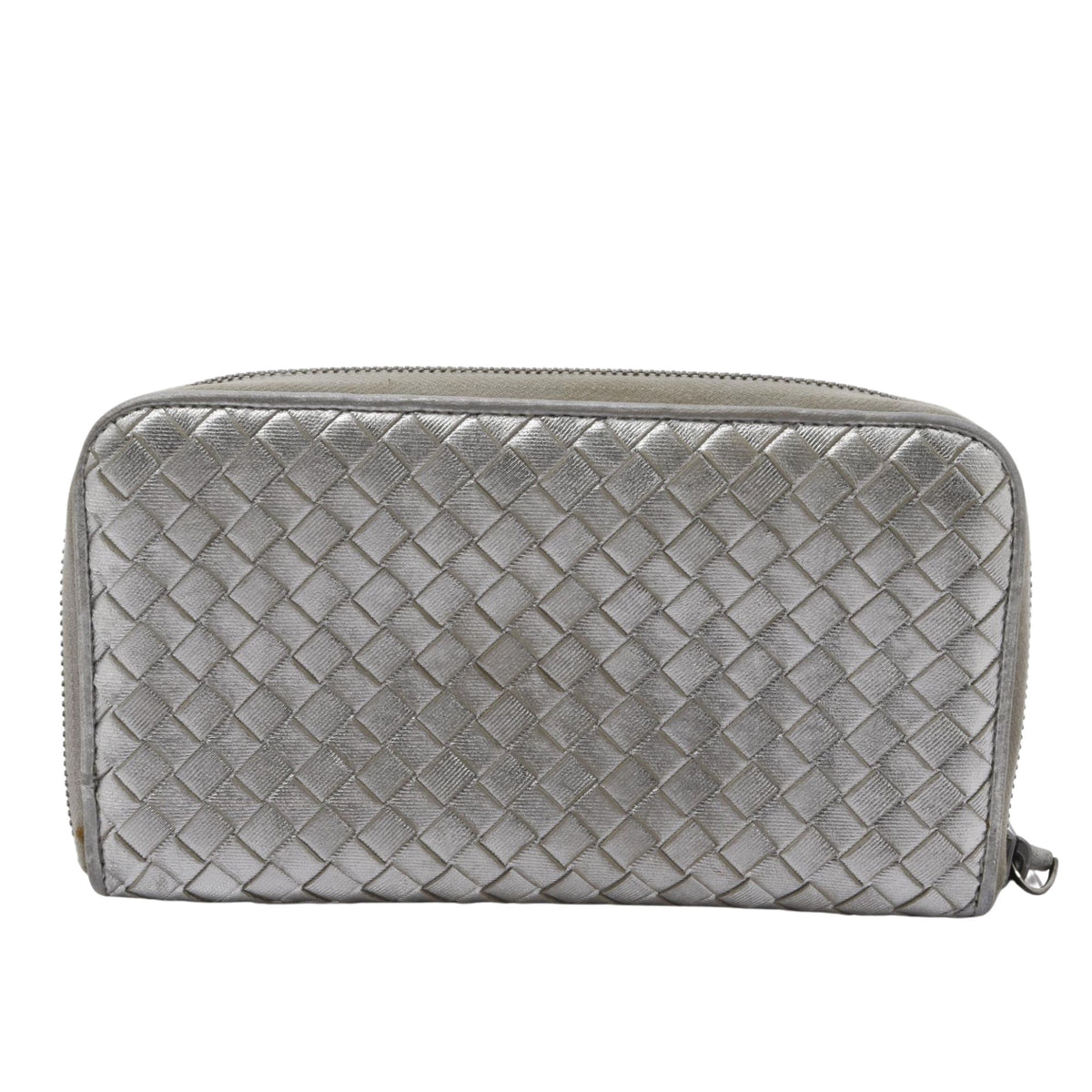 Bottega Veneta Intrecciato – Cartera de piel plateada metalizada con cremallera