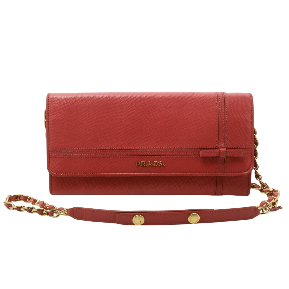 Prada Saffiano – Bolso cartera de piel roja con cadena dorada y lazo