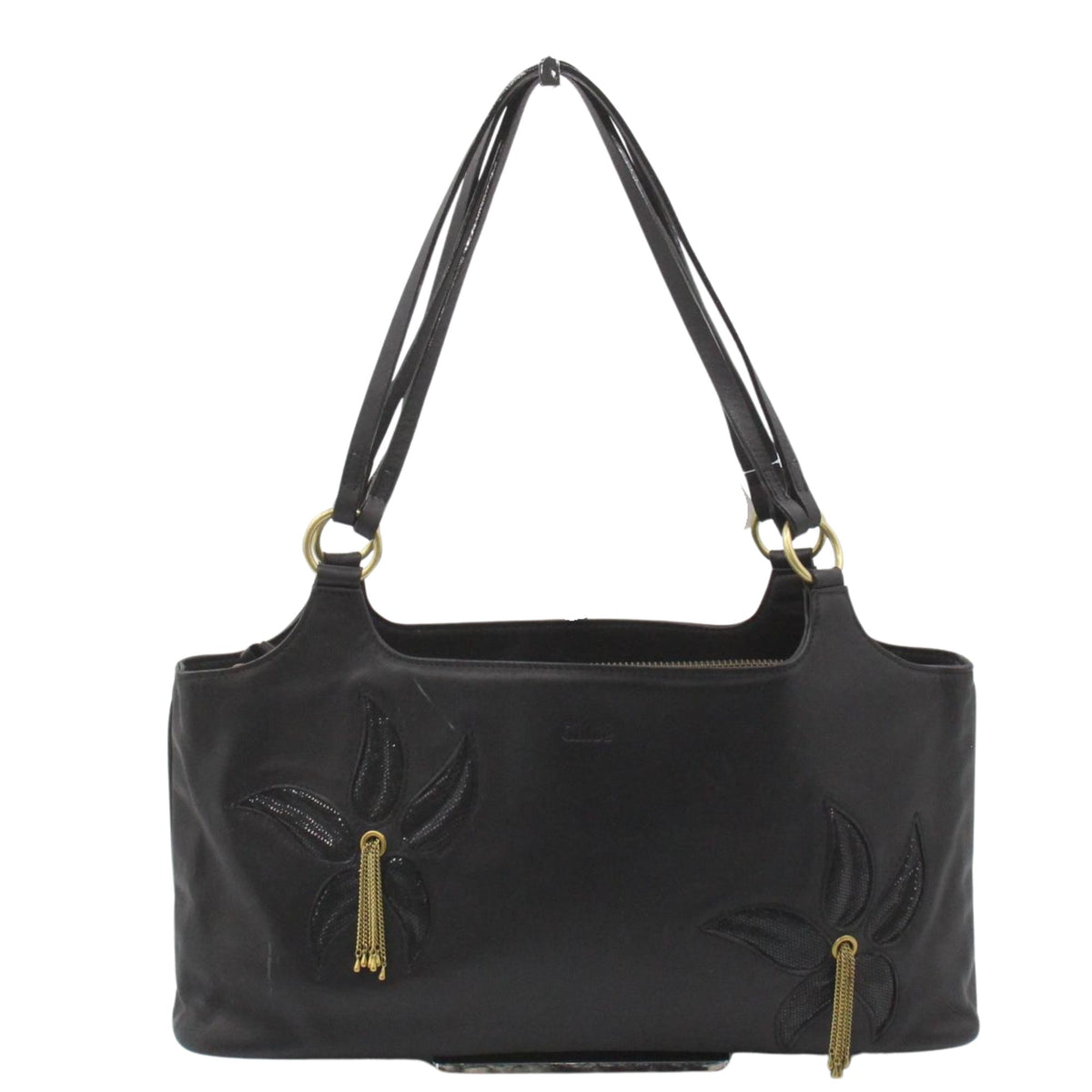 Chloé – Bolso de hombro negro de piel con flores y detalles dorados
