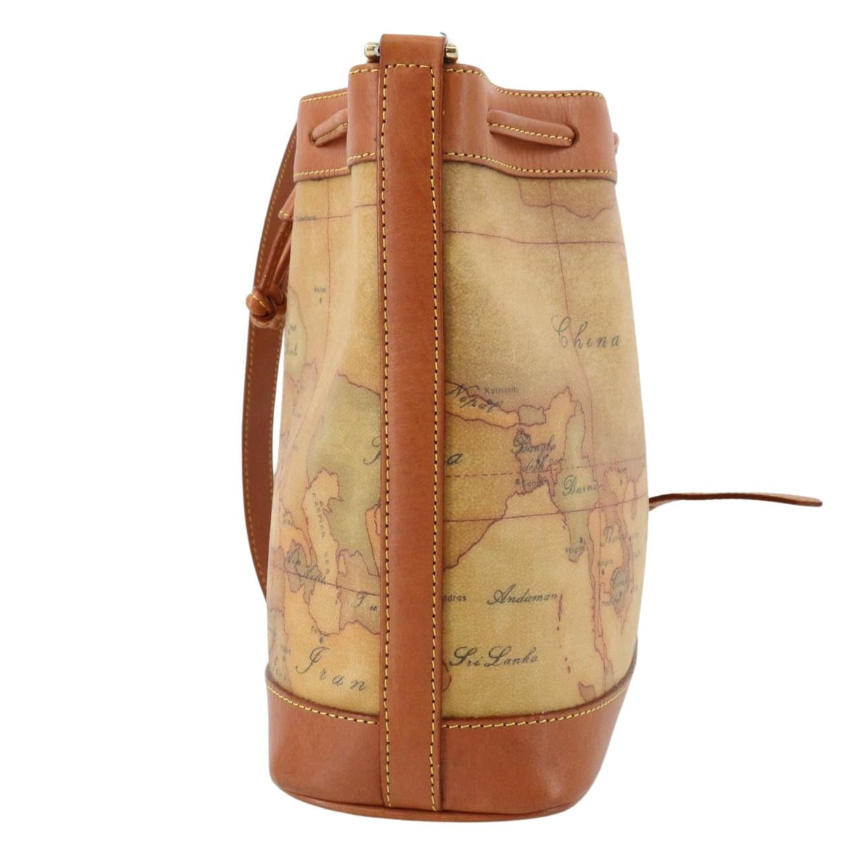 Alviero Martini 1ª Classe – Bolso bandolera tipo saco con estampado Geo Classic y piel camel