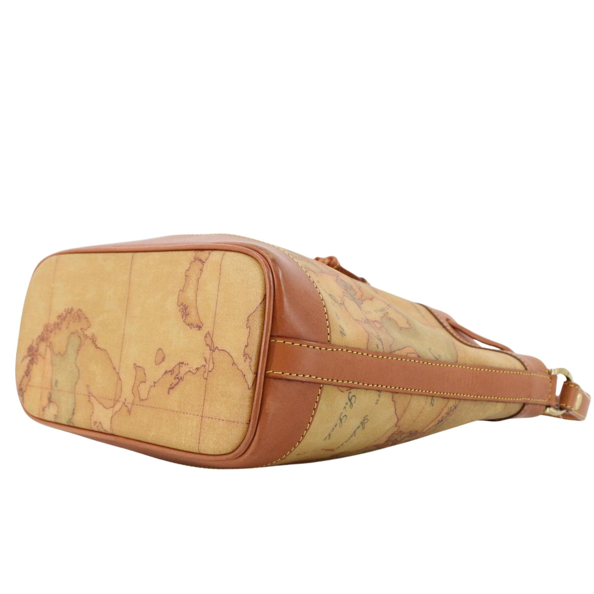 Alviero Martini 1ª Classe – Bolso bandolera tipo saco con estampado Geo Classic y piel camel