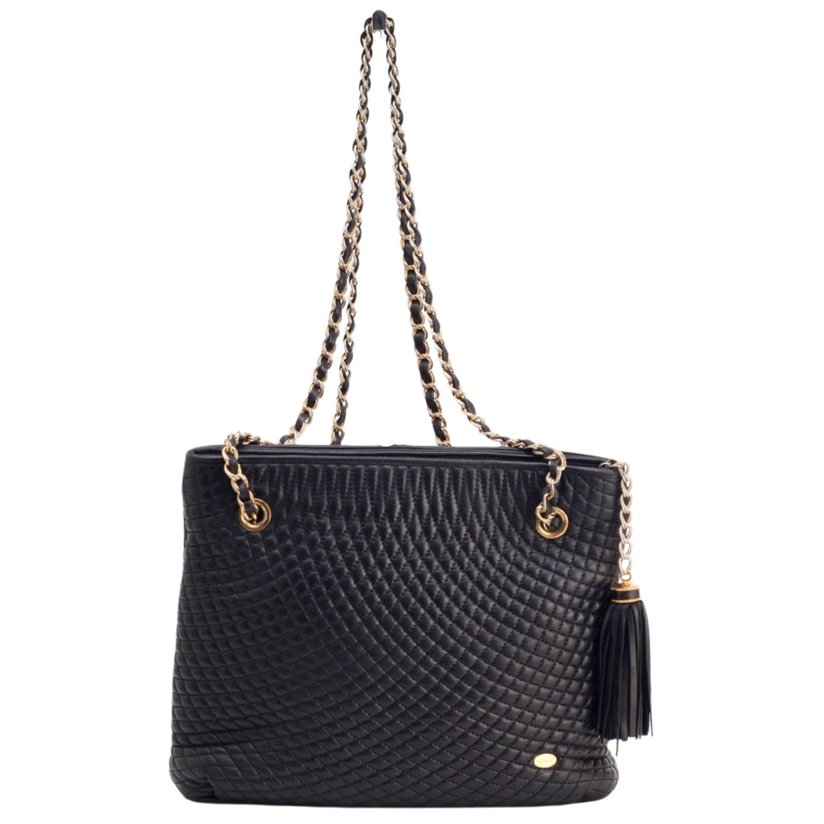 Bally – Bolso de hombro de piel negra acolchada con cadenas doradas y flecos
