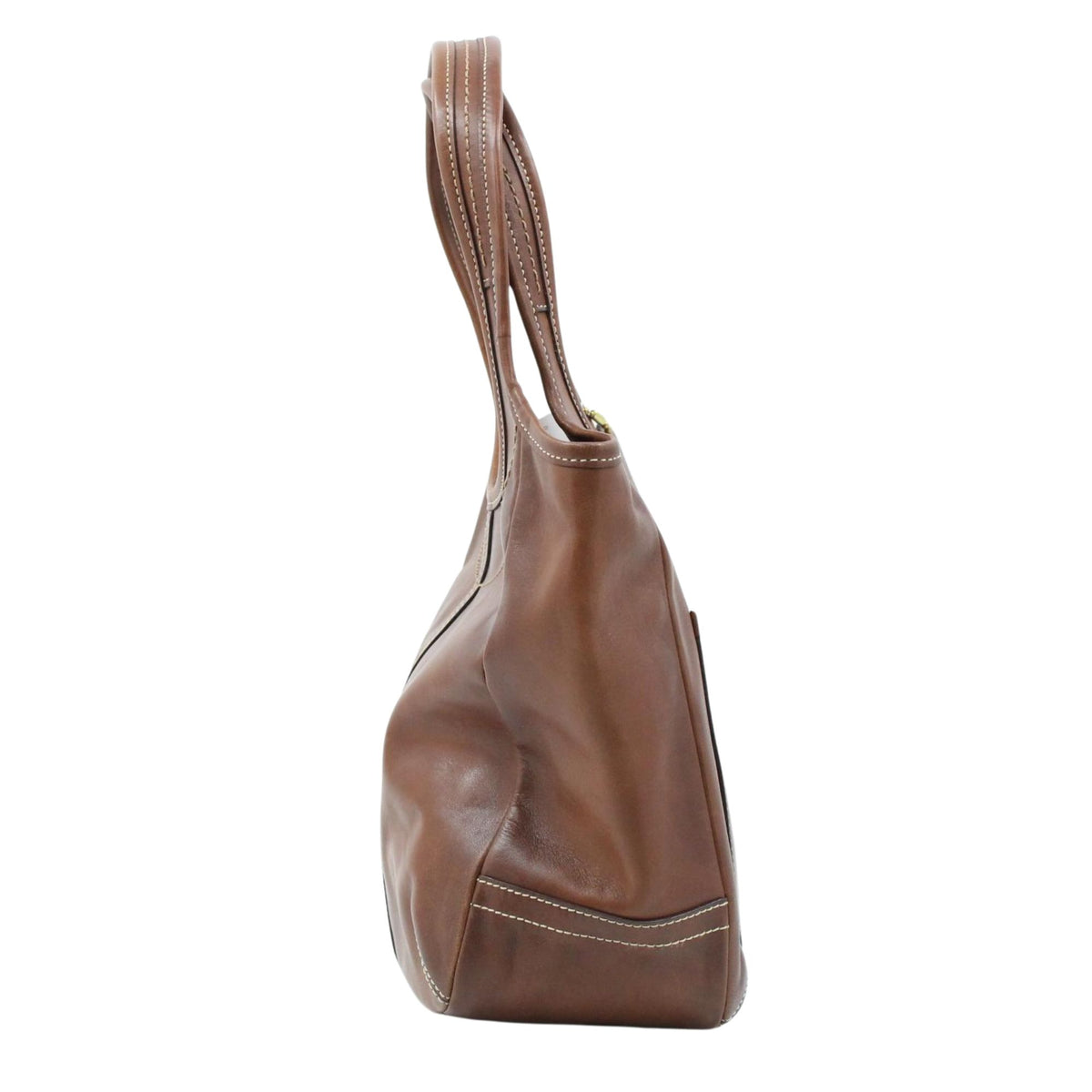 Coach – Bolso de hombro de piel marrón coñac con bolsillo frontal y forro multicolor