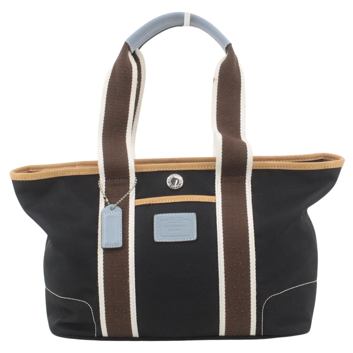 Coach Tote Vintage de lona negra con asas bicolor y detalles en piel azul