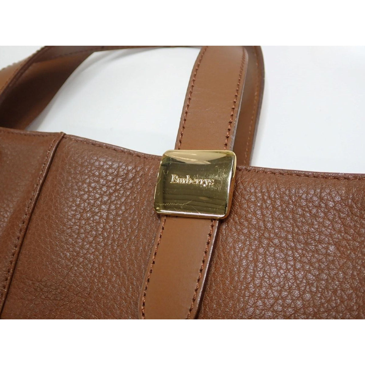 Burberry Vintage – Bolso Tote de Piel Marrón Coñac con Forro de Cuadros