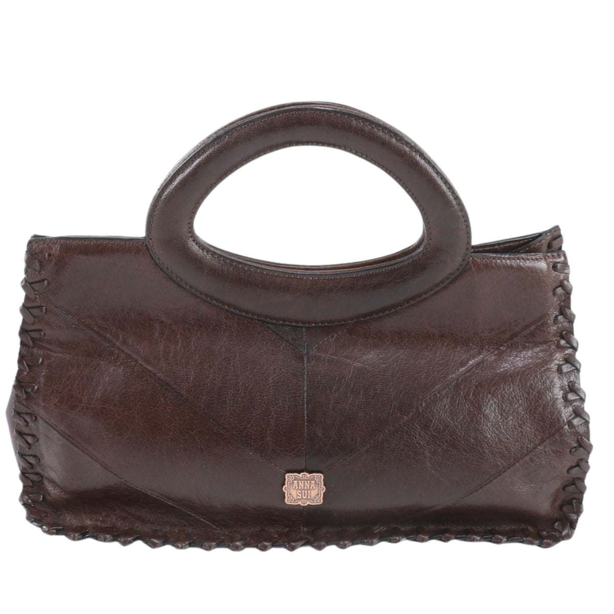 Anna Sui Vintage – Bolso de piel marrón con asas ovaladas y detalles trenzados