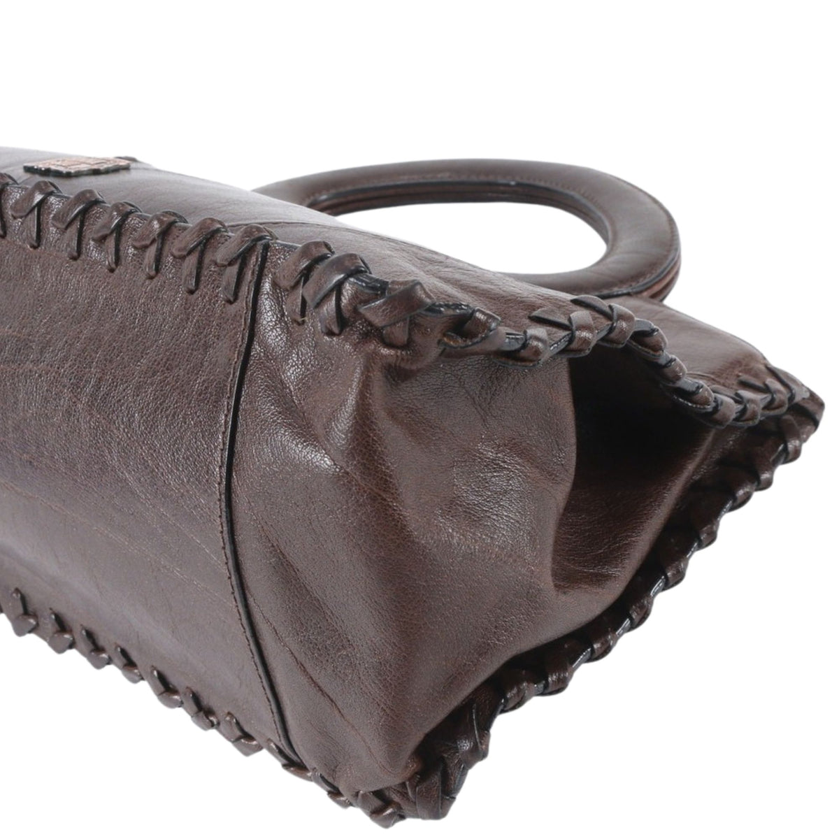 Anna Sui Vintage – Bolso de piel marrón con asas ovaladas y detalles trenzados
