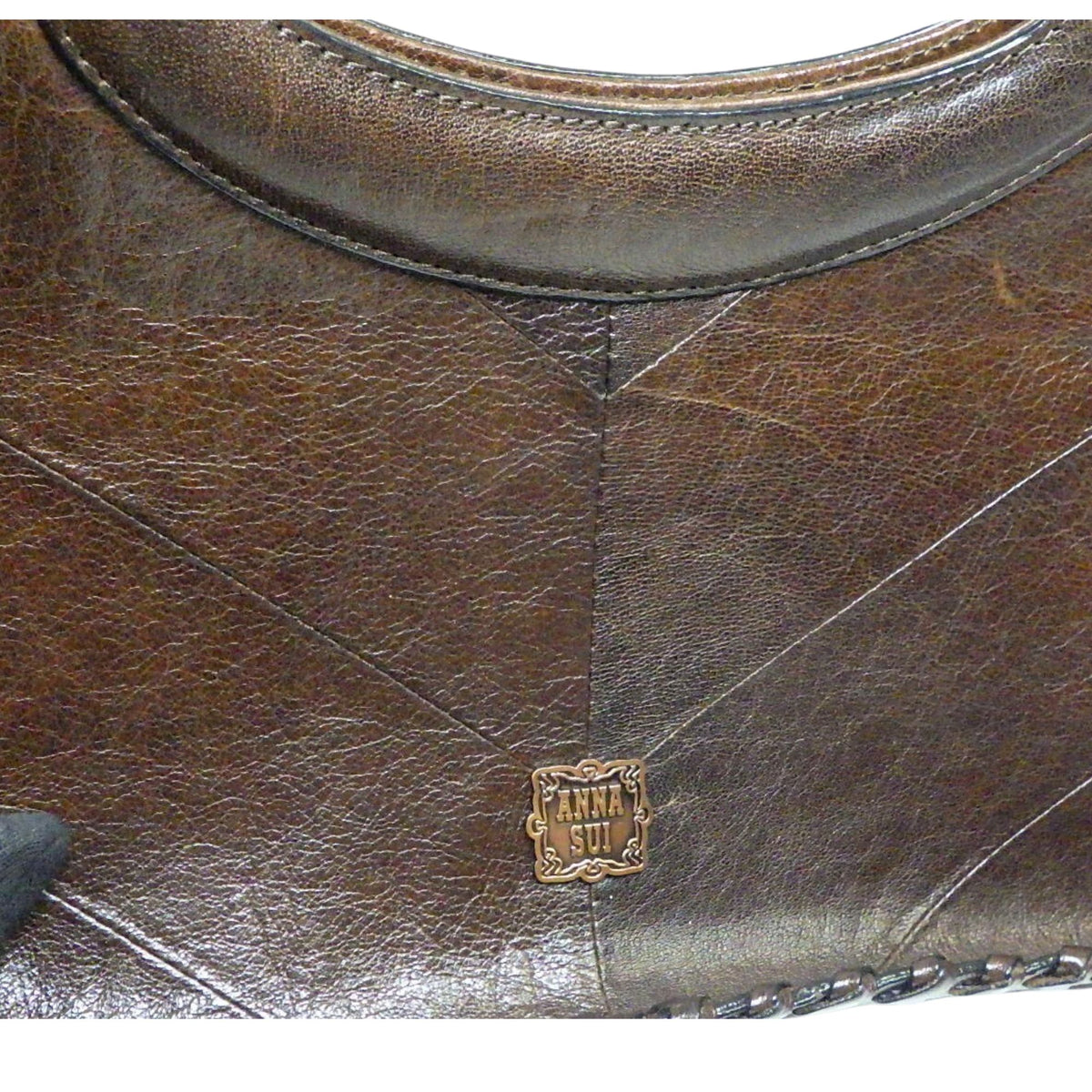 Anna Sui Vintage – Bolso de piel marrón con asas ovaladas y detalles trenzados
