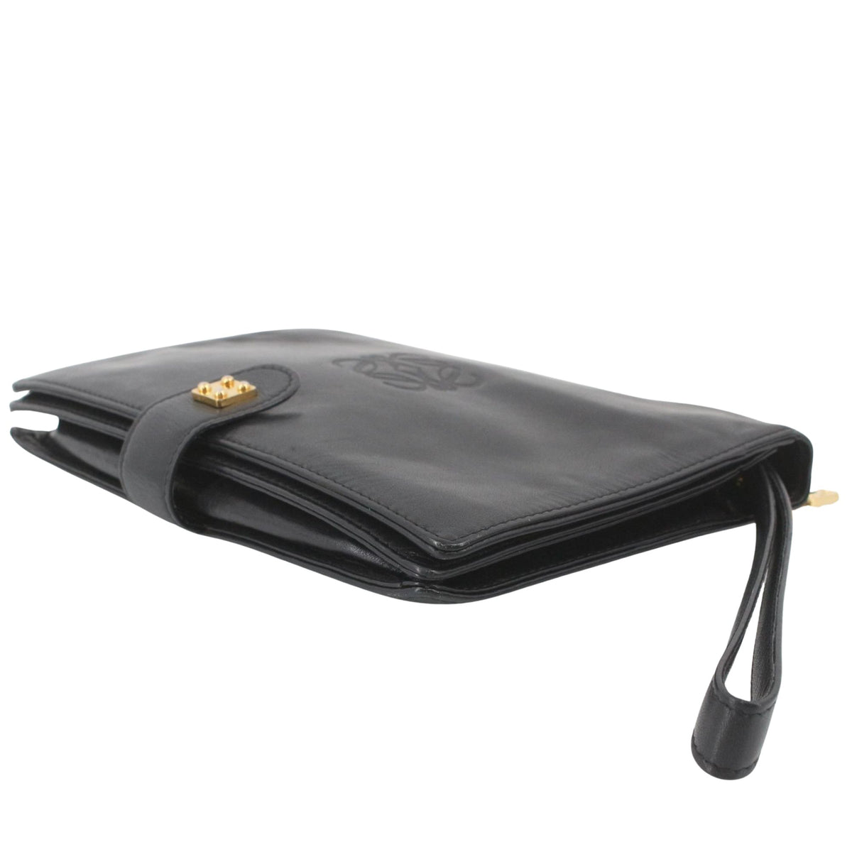 Loewe Anagram Vintage – Clutch de mano en piel negra con detalles dorados