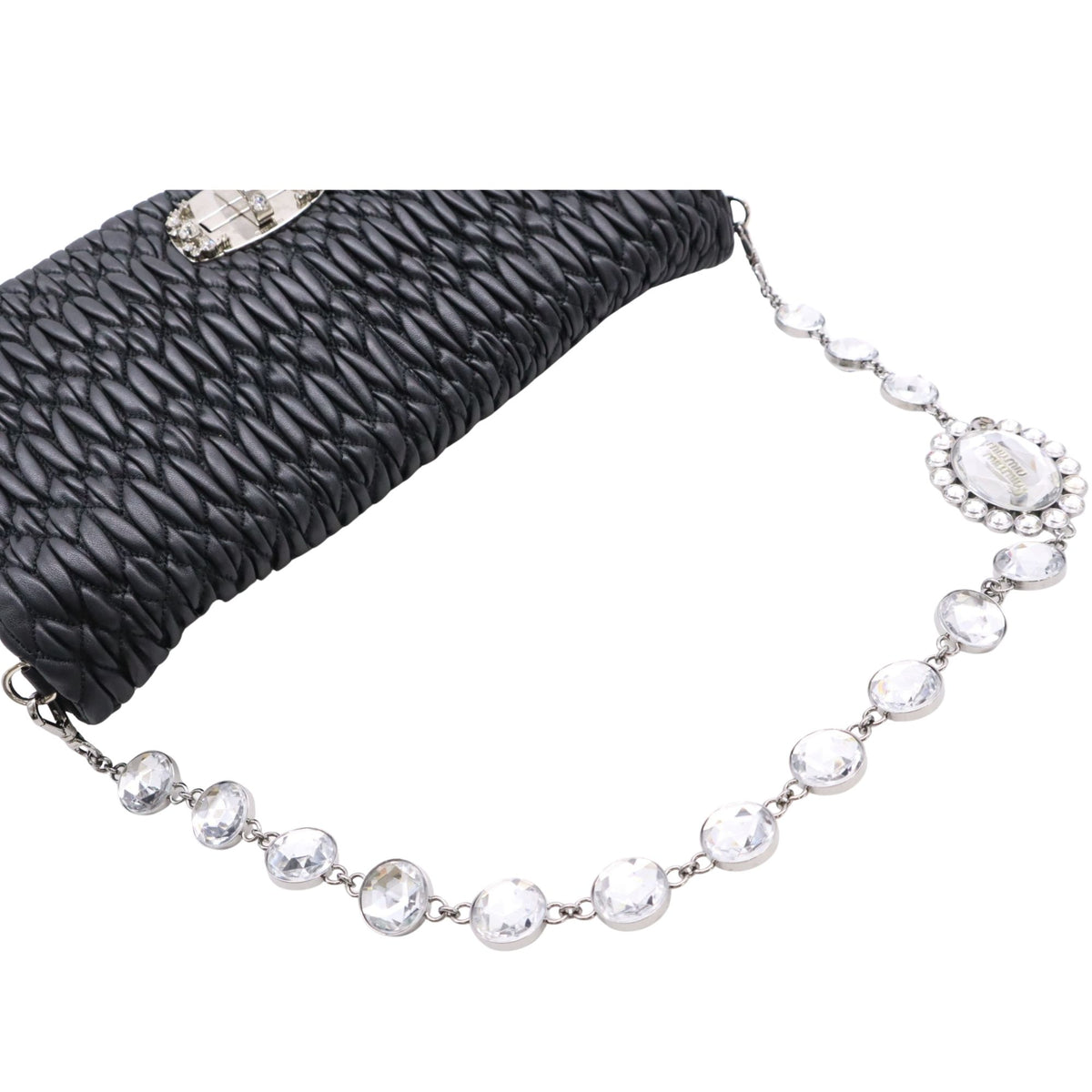 Miu Miu Nappa Matelassé Crystal – Bolso de piel negra con cadena joya y cristales