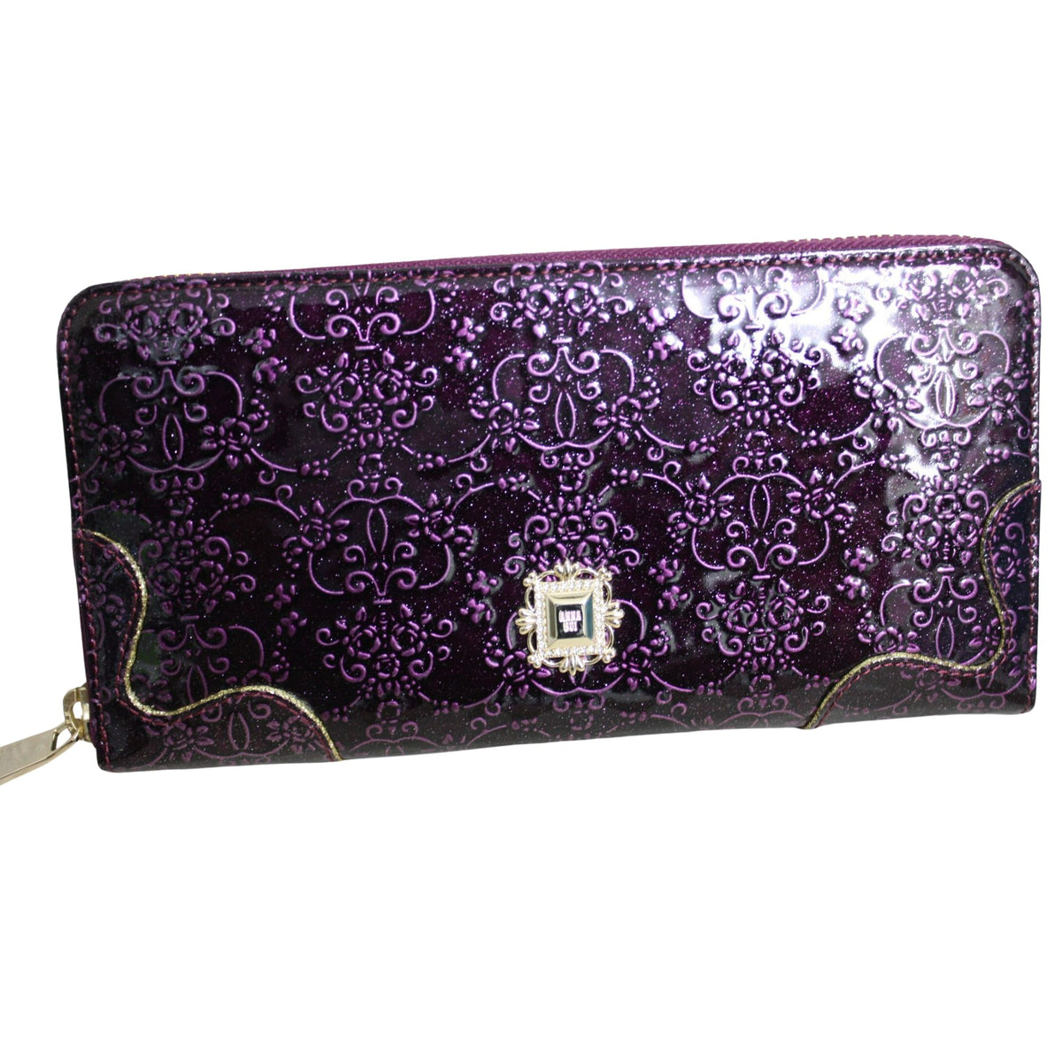 Anna Sui – Cartera larga de charol morado con estampado floral y detalles dorados