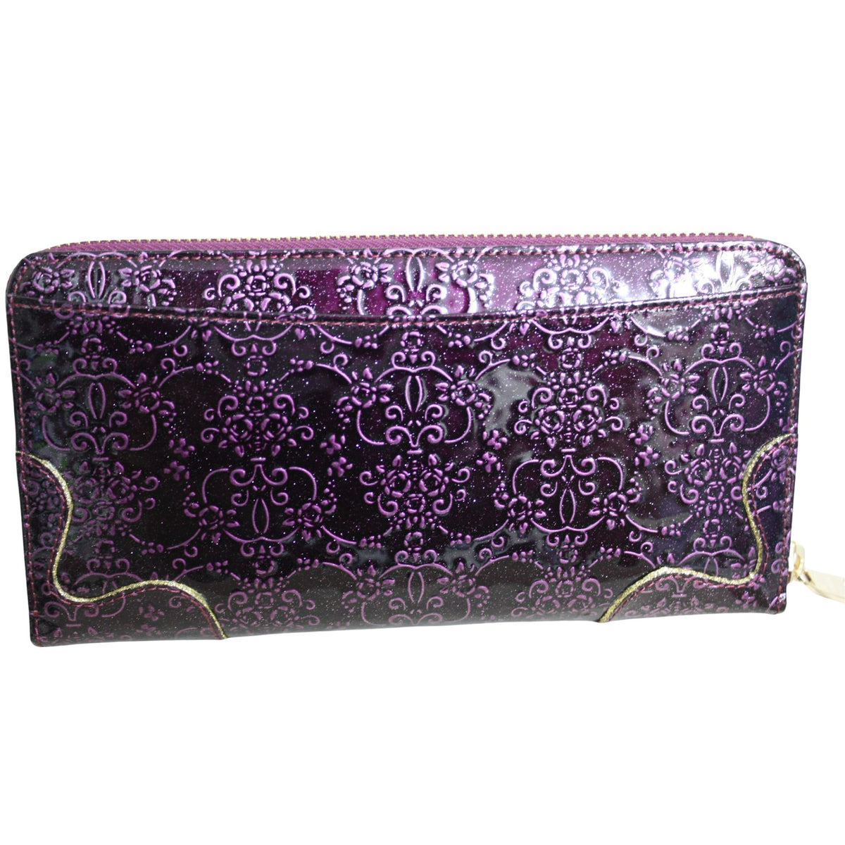 Anna Sui – Cartera larga de charol morado con estampado floral y detalles dorados