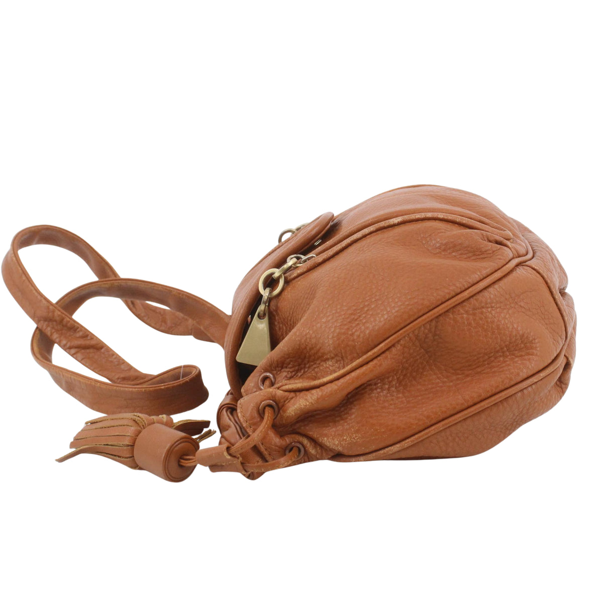 See by Chloé Cherry – Bolso vintage de piel marrón coñac con borla y cremalleras doradas