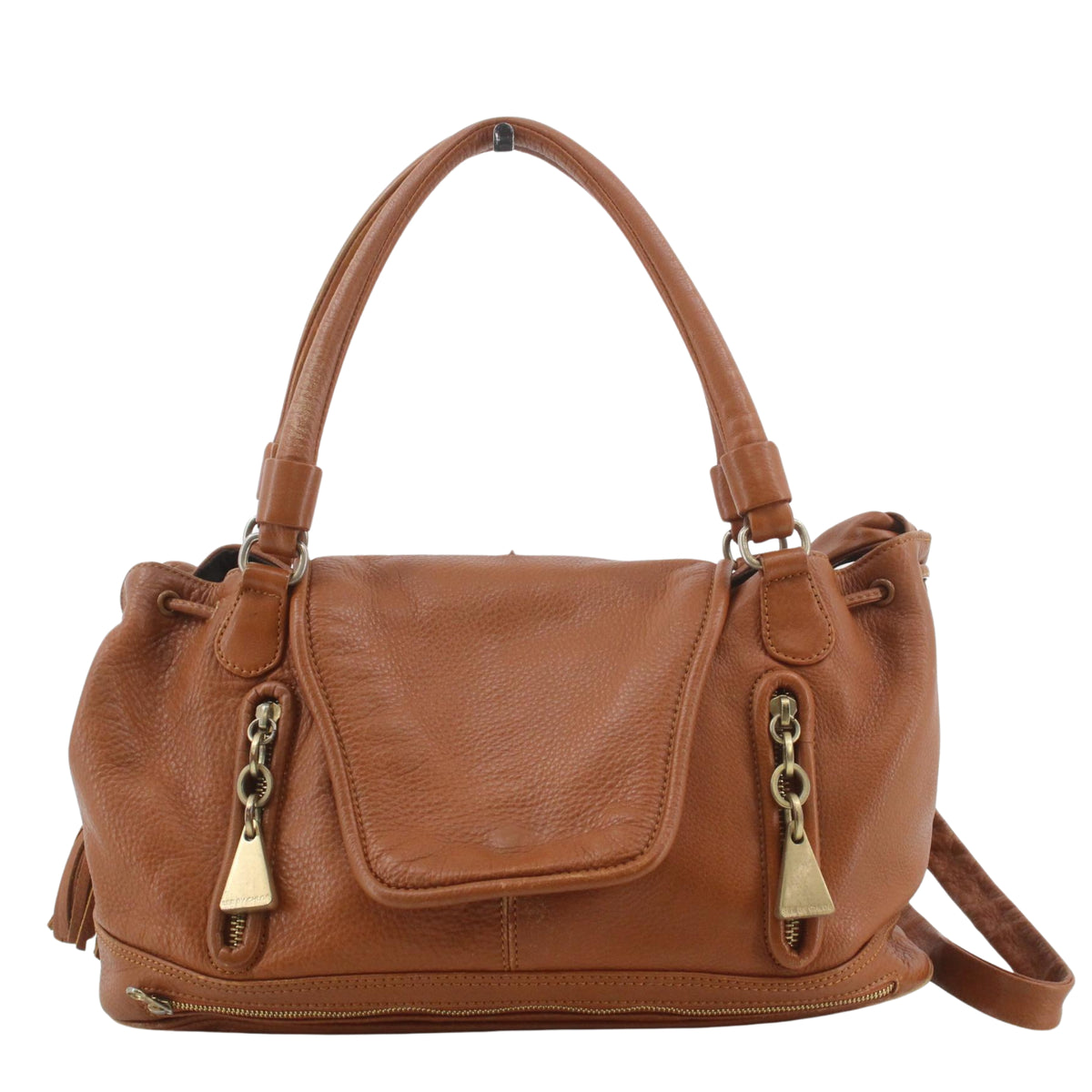 See by Chloé Cherry – Bolso vintage de piel coñac con doble asa, bandolera y borla