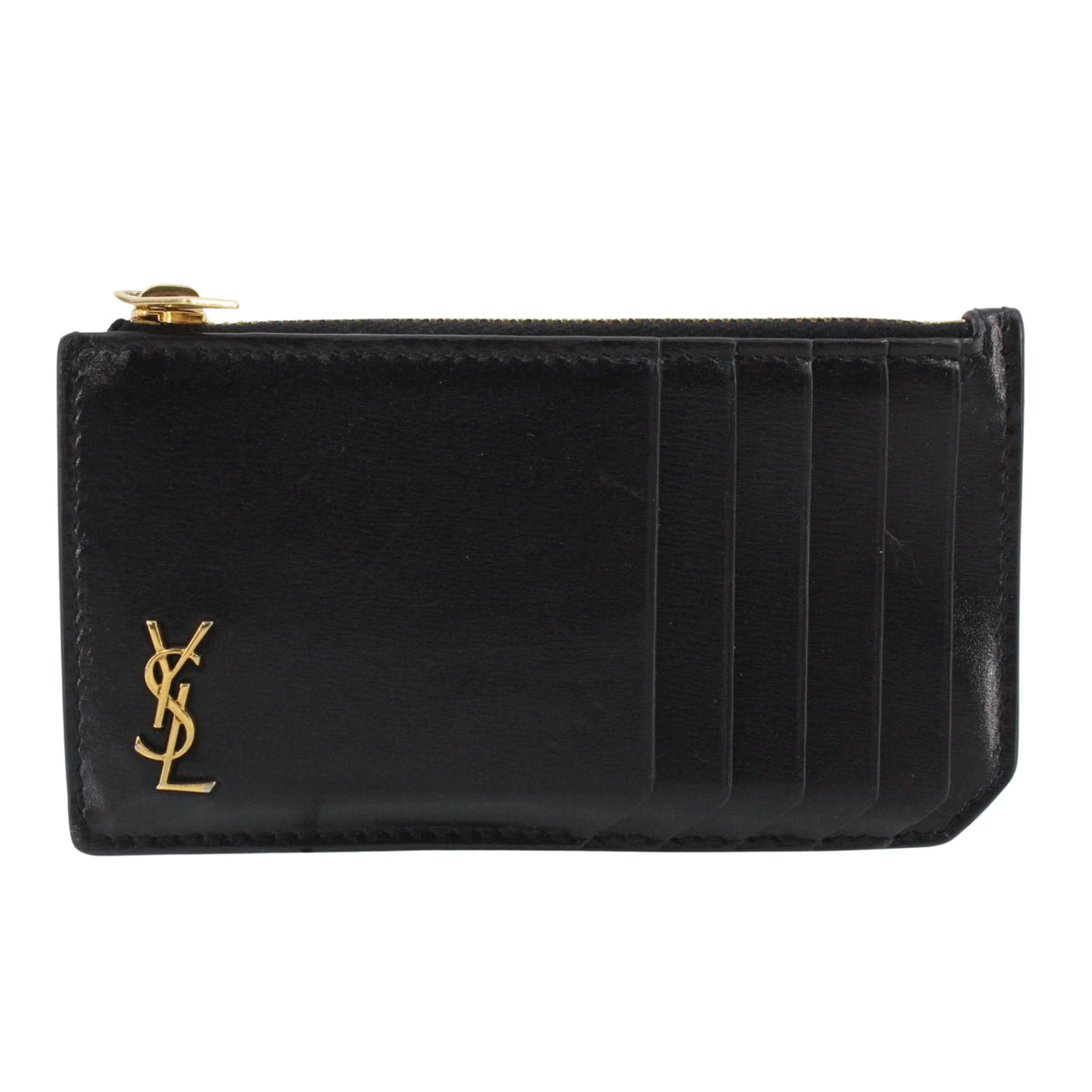 Saint Laurent YSL Tarjetero de Piel Negra con Cremallera y Monograma Dorado