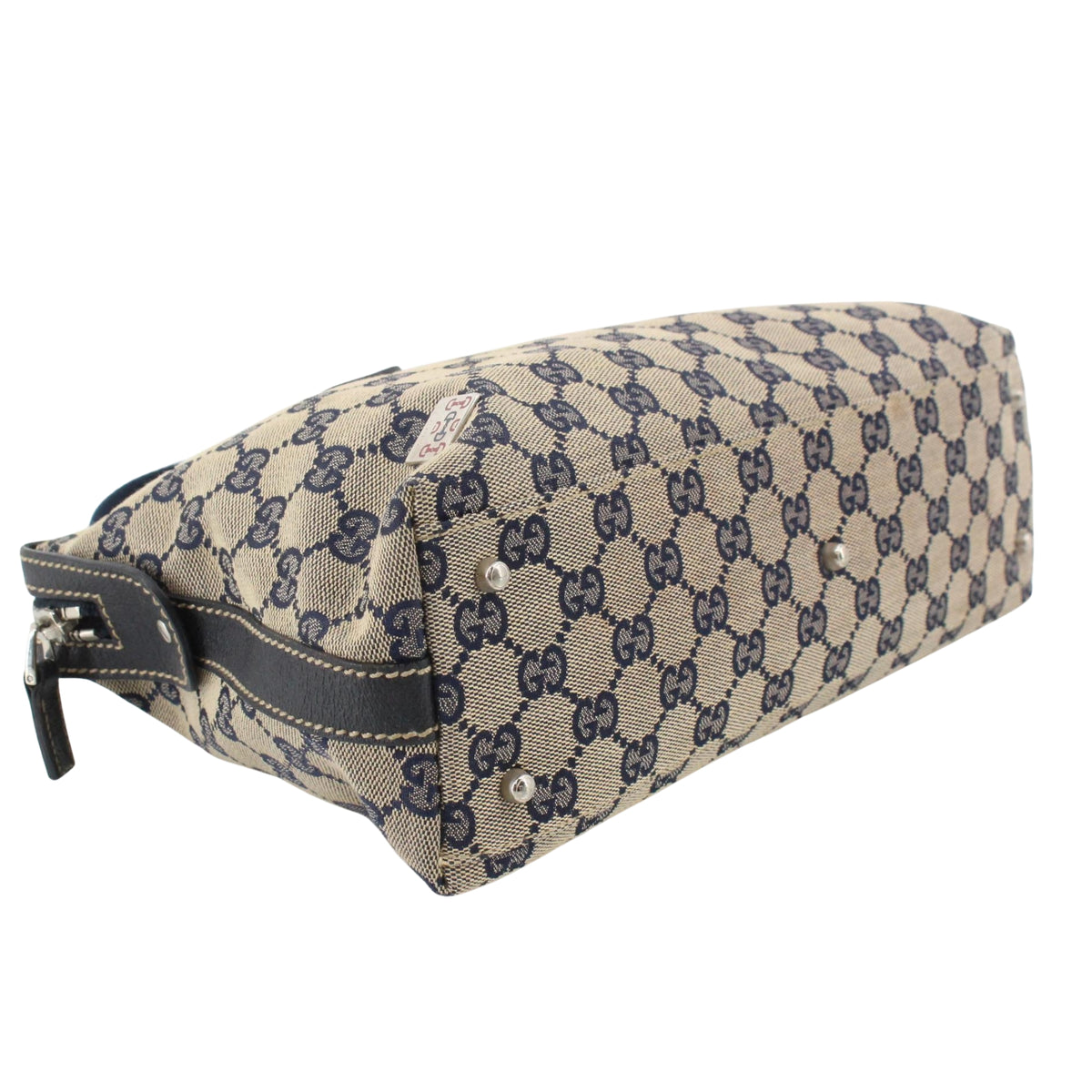 Gucci GG Monogram Vintage – Bolso de Hombro de Lona Beige y Azul Marino con Asas Web Rojas