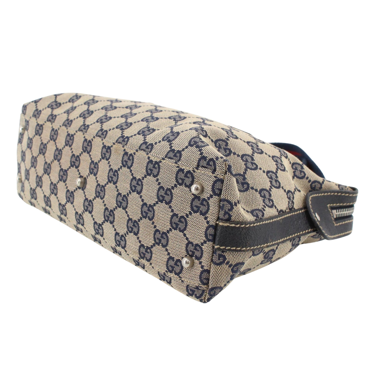 Gucci GG Monogram Vintage – Bolso de Hombro de Lona Beige y Azul Marino con Asas Web Rojas