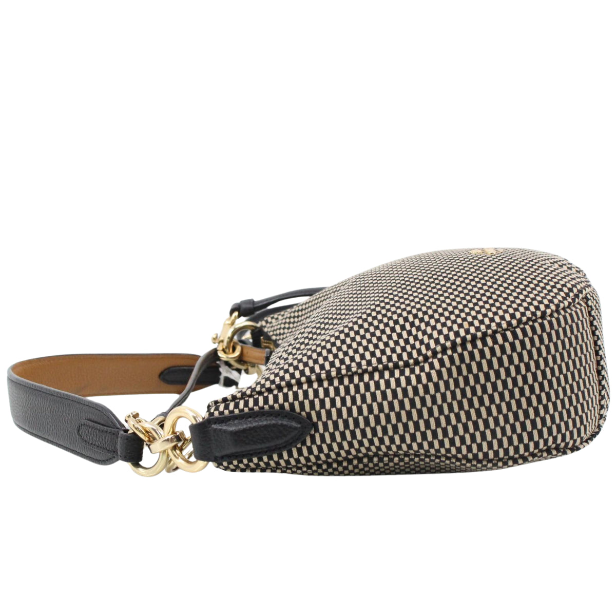 Coach Bolso de Hombro y Bandolera Negro y Beige con Estampado Geométrico y Detalles de Piel