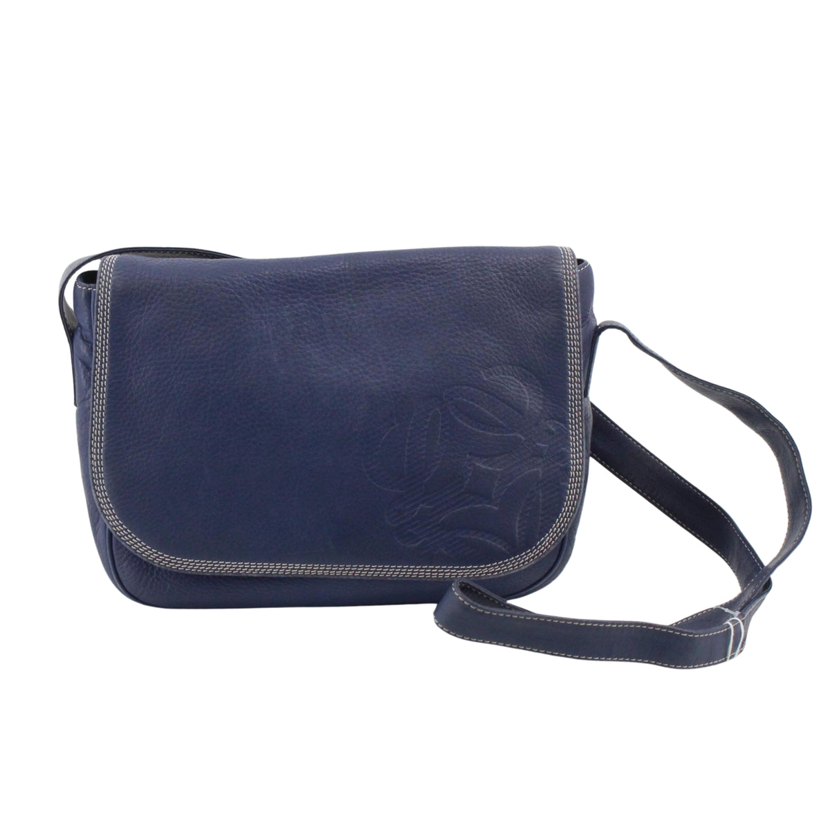 Loewe Bolso Bandolera Vintage de Piel Azul Marino con Anagrama Grabado y Solapa