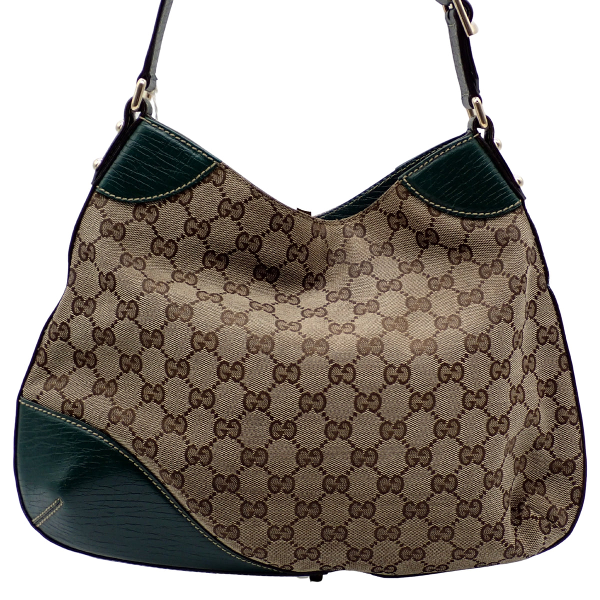 Gucci Horsebit Vintage GG Monogram – Bolso de Hombro Beige con Piel Verde