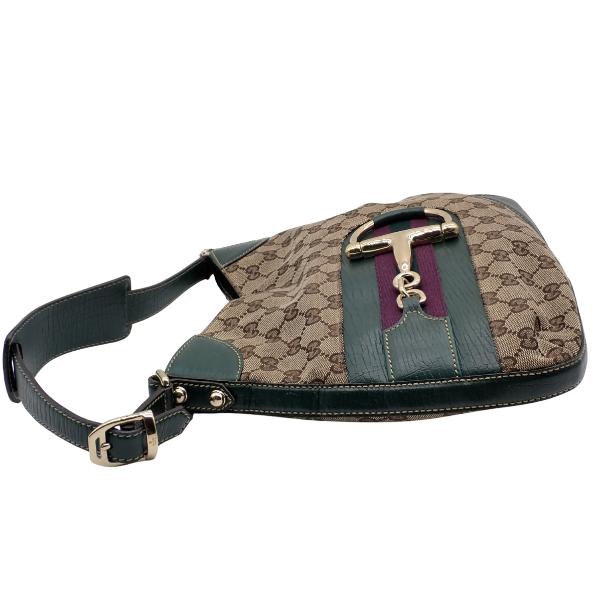Gucci Horsebit Vintage GG Monogram – Bolso de Hombro Beige con Piel Verde