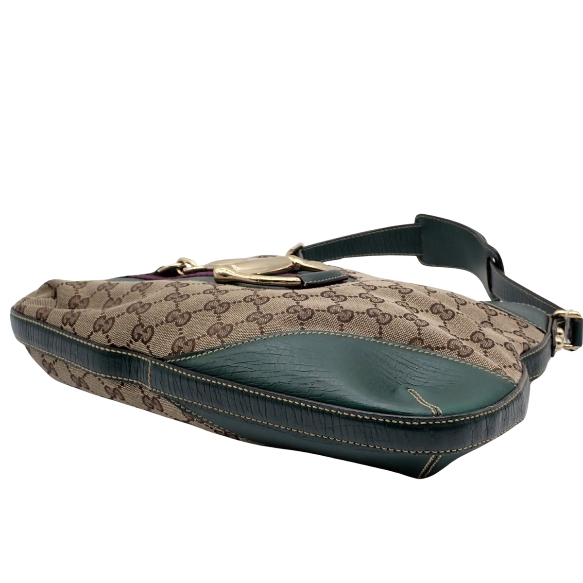 Gucci Horsebit Vintage GG Monogram – Bolso de Hombro Beige con Piel Verde