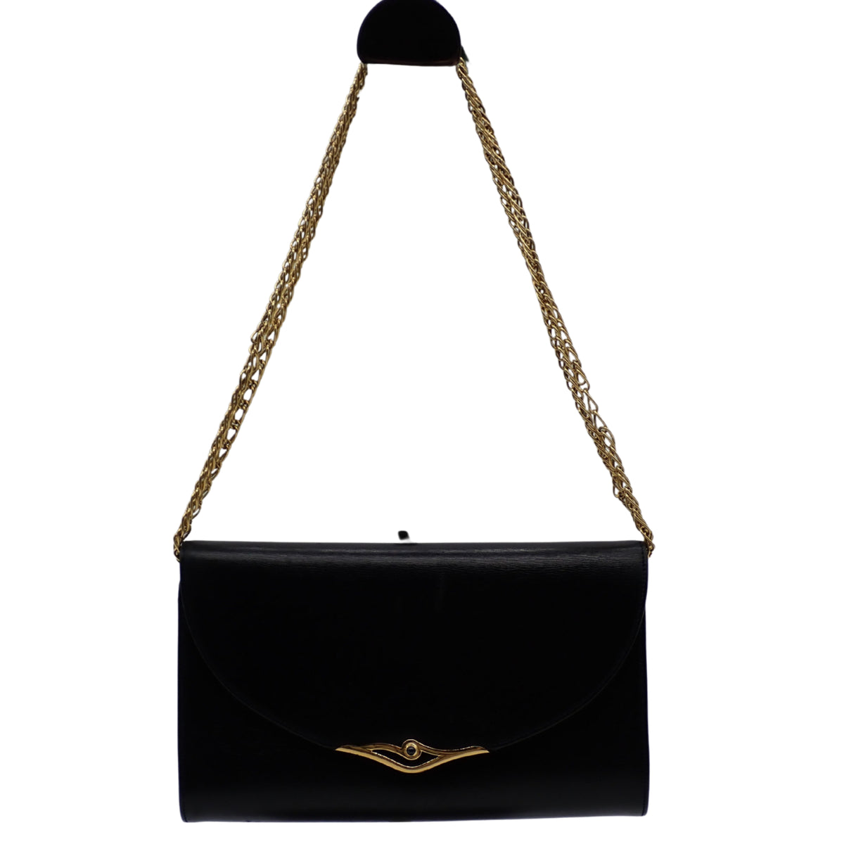 Cartier Vintage Bolso de Fiesta de Piel Negra con Cadena Dorada y Detalle de Zafiro