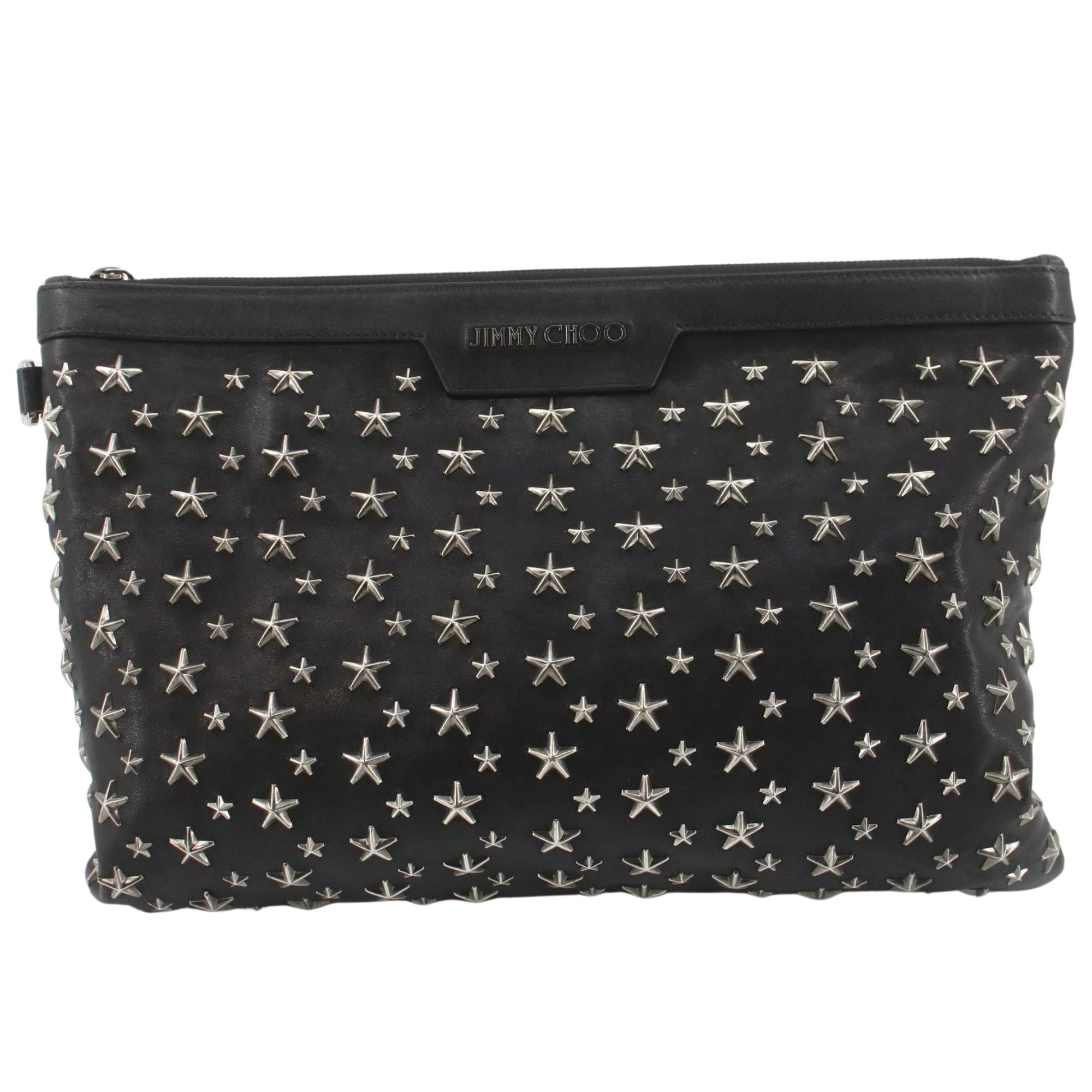 Clutch Jimmy Choo en piel negra con estrellas metálicas – Iconic design
